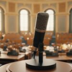 Studiomicrofoon in een zonnige vergaderzaal, symbool voor de bescherming van de eigen stem tegen AI-deepfakes