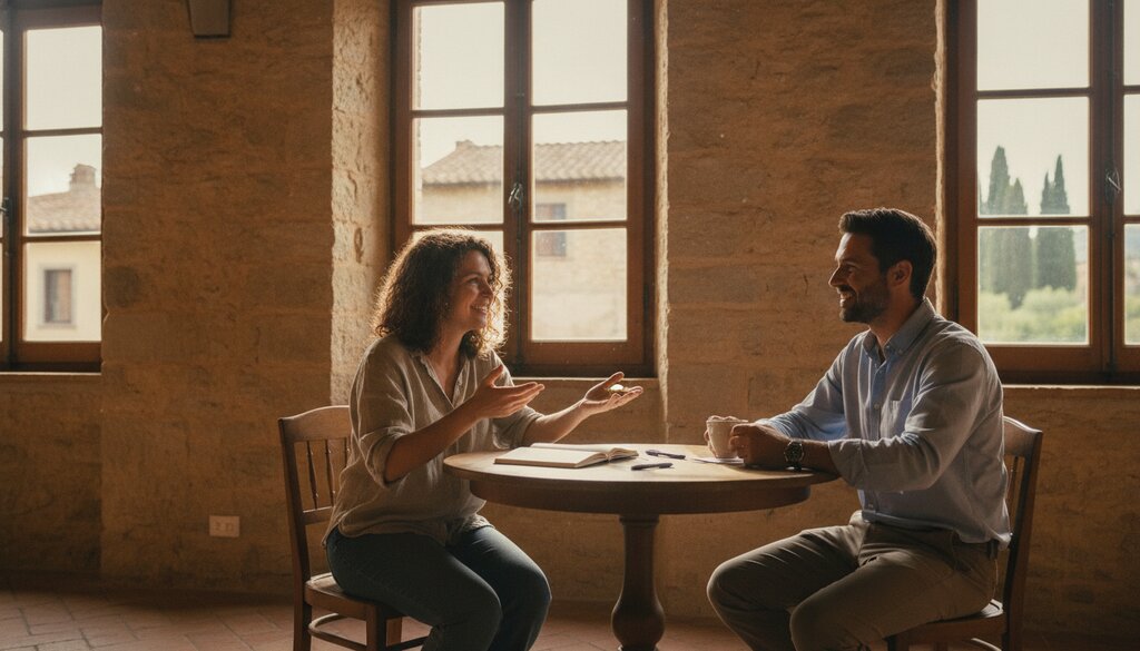 Twee collega's in gesprek aan een tafel in een zonnig Italiaans kantoor