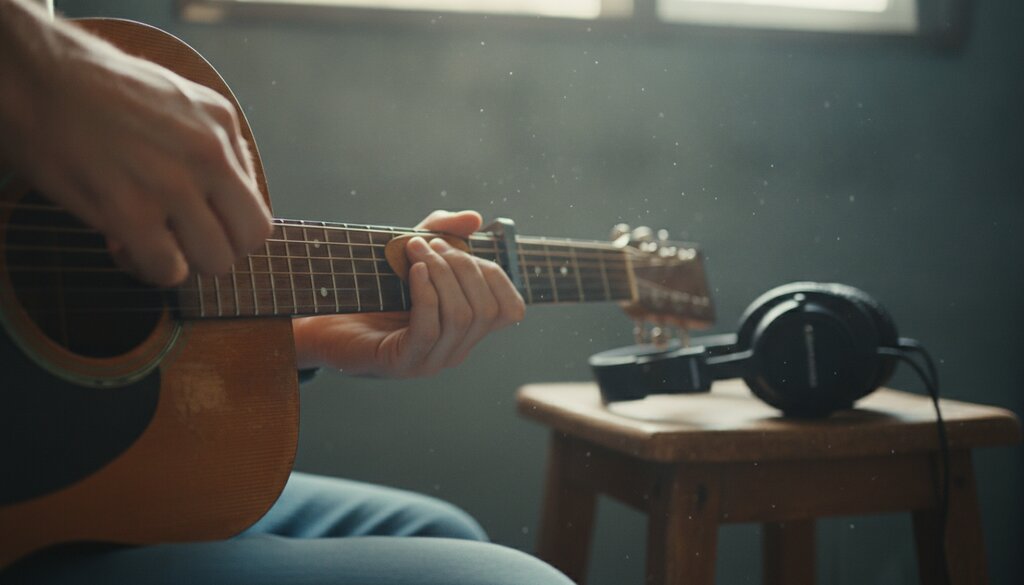 Handen van een gitarist op een akoestische gitaar naast een koptelefoon in een repetitieruimte