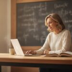 Wiskundige kijkt naar laptop naast een krijtbord met formules