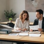 Twee collega’s bekijken werkprocessen en documenten in ordners aan een kantoortafel