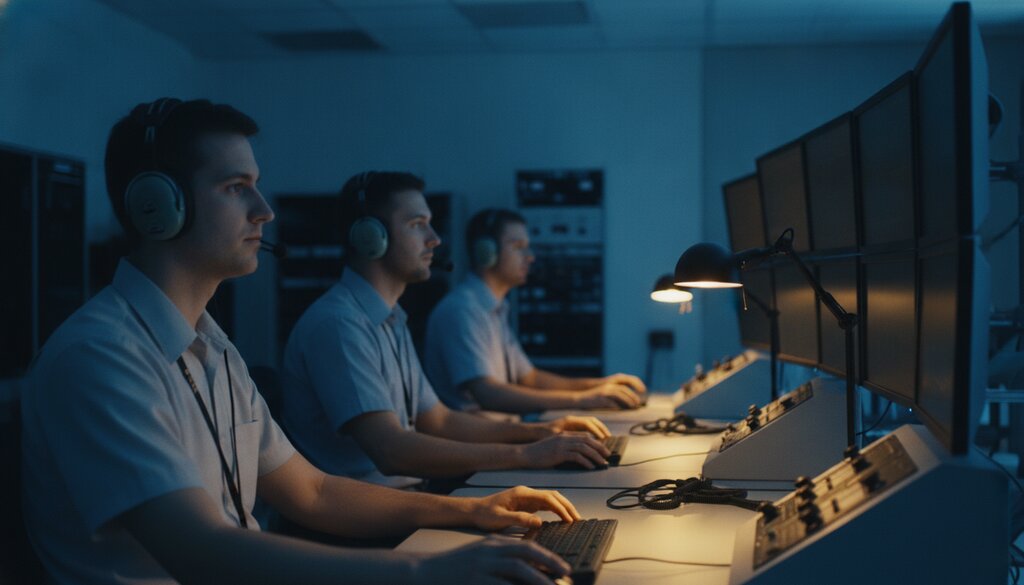Ingenieurs met headsets volgen een testvlucht vanuit een controlekamer