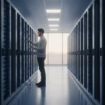 Engineer controleert serverracks in een Europees datacenter