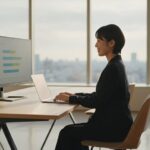 Japanse bankmedewerker werkt aan een laptop in een licht kantoor in Tokio