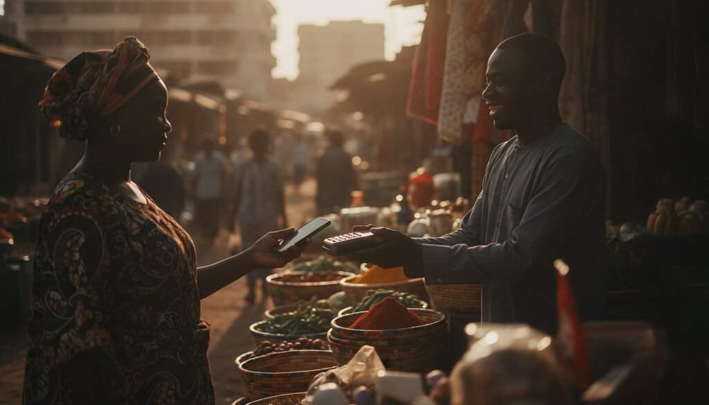 Klant betaalt met een mobiele telefoon bij een marktkraam in een West-Afrikaanse stad