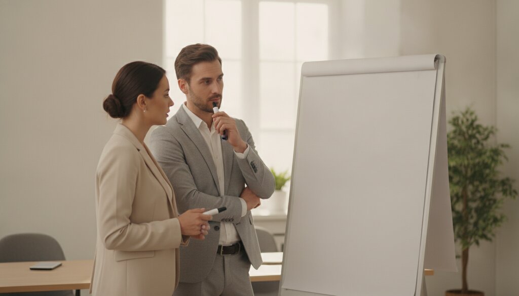 Twee collega's overleggen bij een whiteboard over de overstap naar een nieuw AI-model