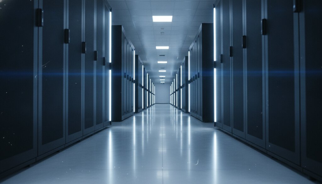 Gang in een datacenter met rijen serverracks in blauw en wit licht