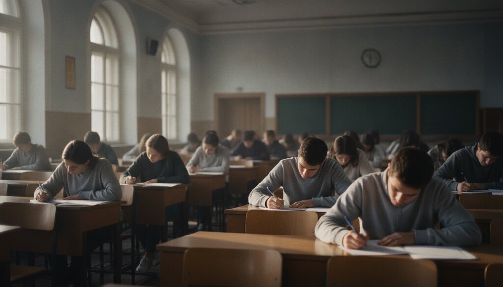 Studenten schrijven met pen en papier tijdens een tentamen in een collegezaal