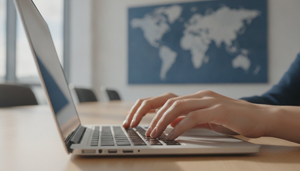 Handen typen op een laptop met een wereldkaart op de achtergrond, symbool voor internationaal AI-beleid