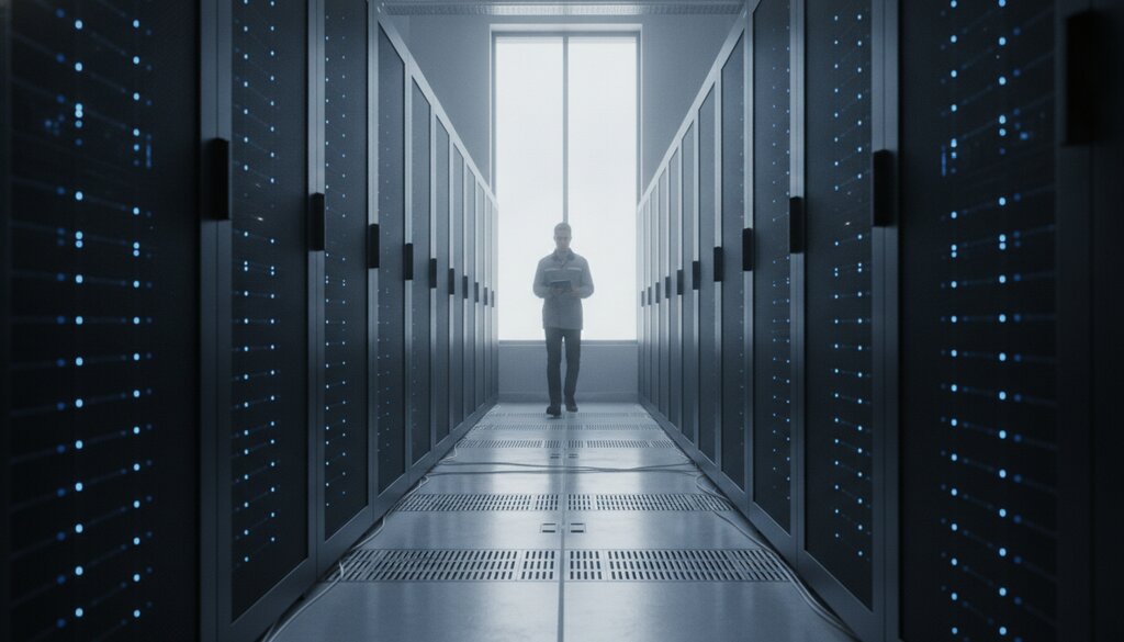 Gangpad in een datacenter met serverracks en een technicus in de verte