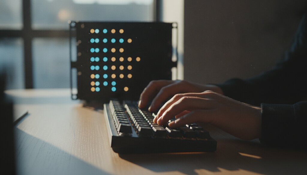 Handen op een mechanisch toetsenbord naast een klein serverrack met oplichtende statuslampjes