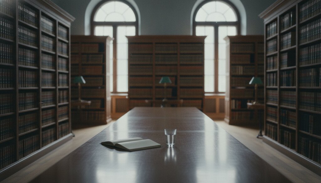 Leeszaal van een juridische bibliotheek met boekenkasten en een lege tafel