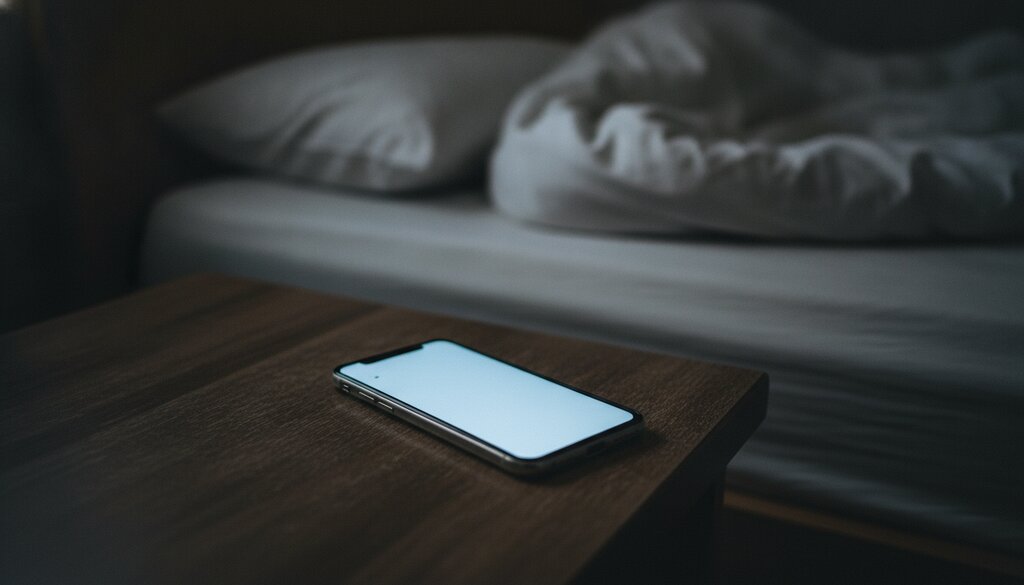 Smartphone die oplicht op een nachtkastje in een donkere slaapkamer