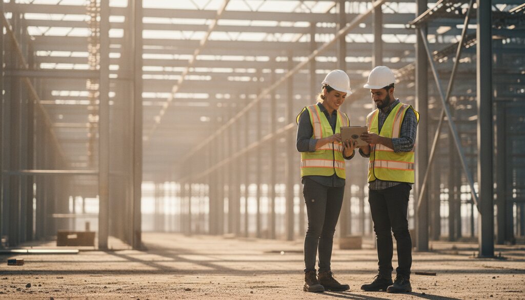 Twee bouwkundigen met helm bekijken een tablet op de bouwplaats van een nieuw datacenter
