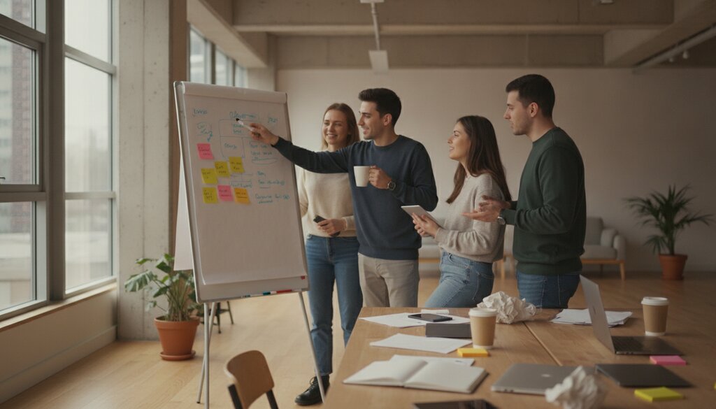 Softwareteam overlegt bij een whiteboard met memobriefjes in een open kantoorruimte