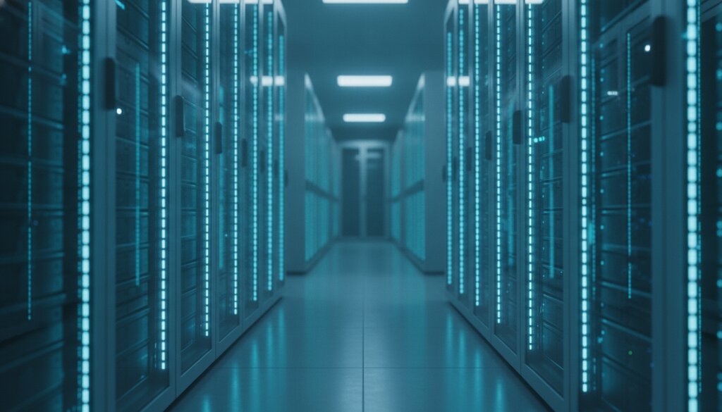 Lange rijen verlichte servers in een datacenter met koele blauwe belichting
