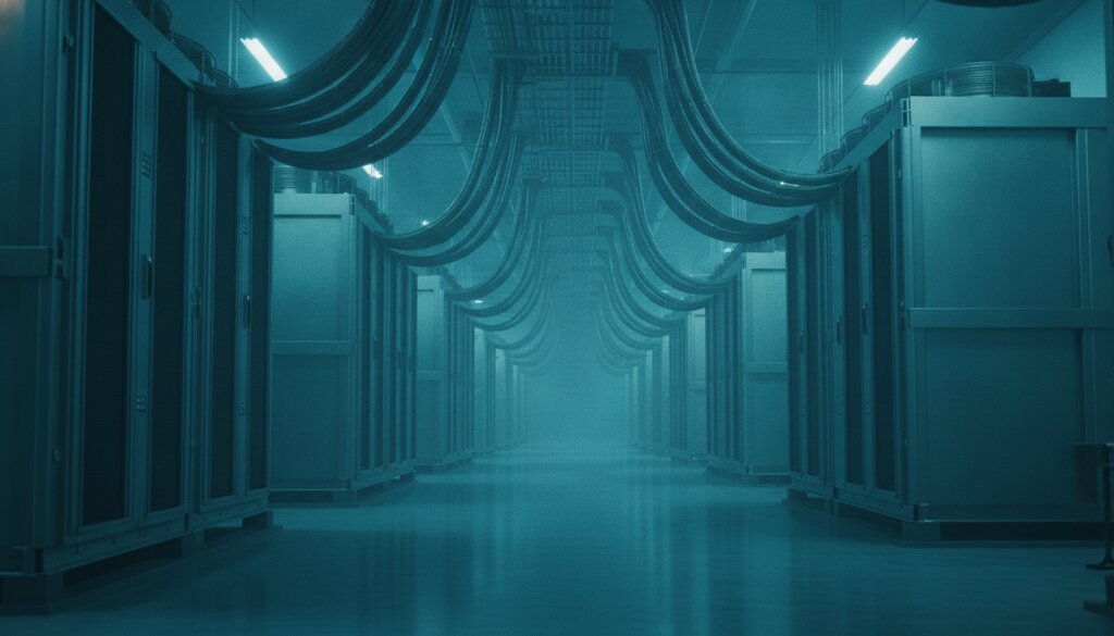 Koelinstallaties en kabels in de machinehal van een datacenter