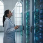 Onderzoeker met tablet tussen serverkasten in een supercomputerhal van een onderzoekslab