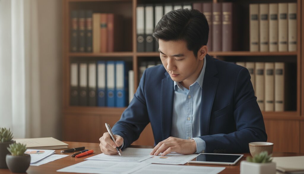 Jonge juriste corrigeert een geprint technisch document met een pen