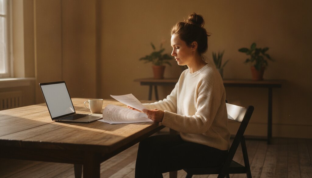 Onderzoeker leest afgedrukte paginas naast een laptop op een bureau