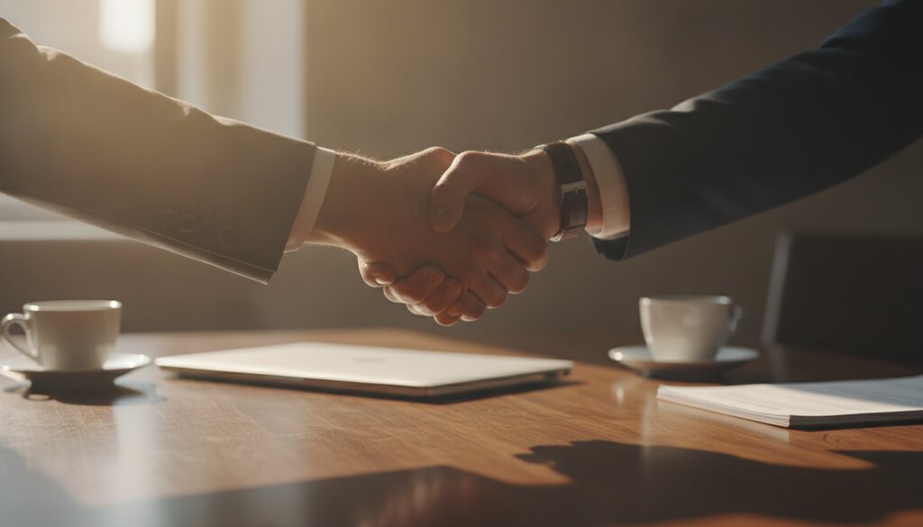 Twee mensen schudden elkaar de hand aan een vergadertafel na een onderhandeling