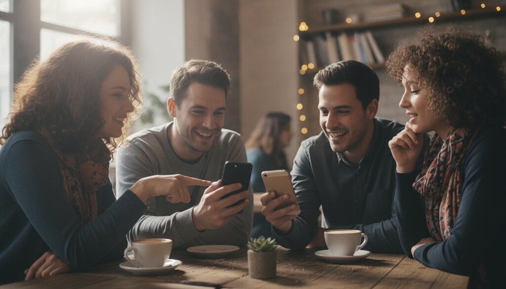 Vrienden in een café bespreken samen iets op hun smartphones