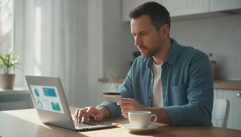 Man vergelijkt aan de keukentafel producten op een laptop met een betaalpas in de hand