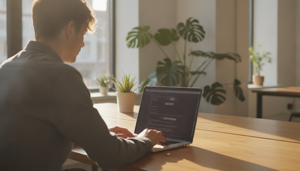 Ontwikkelaar werkt op een laptop aan API-code in een licht kantoor