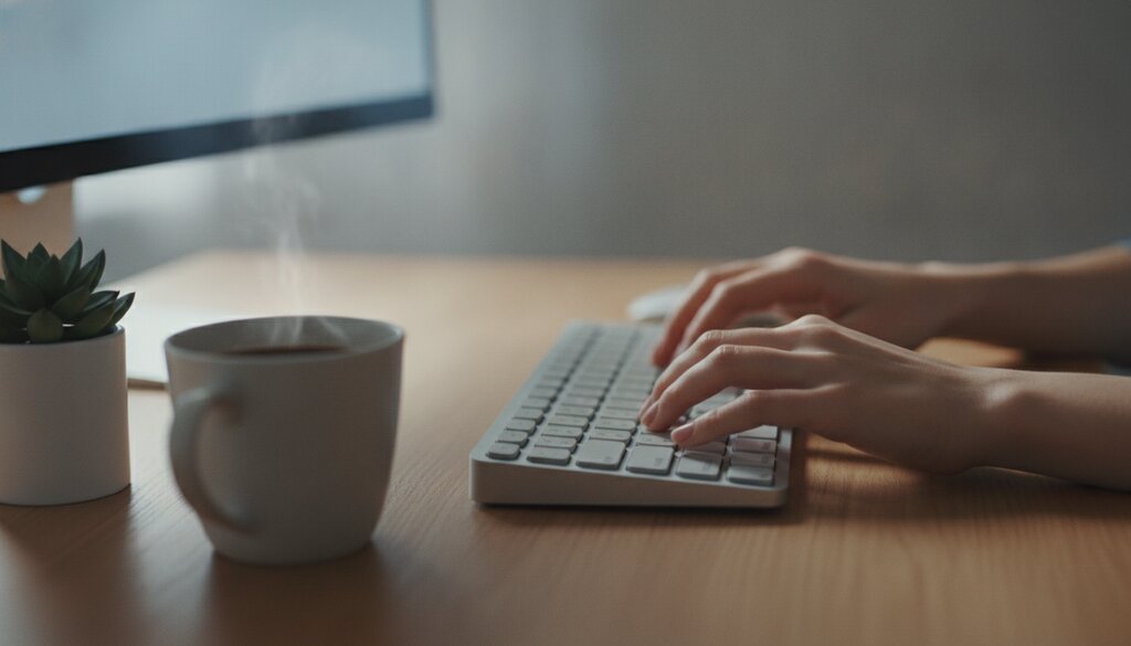 Handen typen op een toetsenbord aan een opgeruimd bureau met koffie