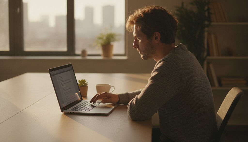 Kantoormedewerker leest in de ochtend e-mail op een laptop aan een licht bureau