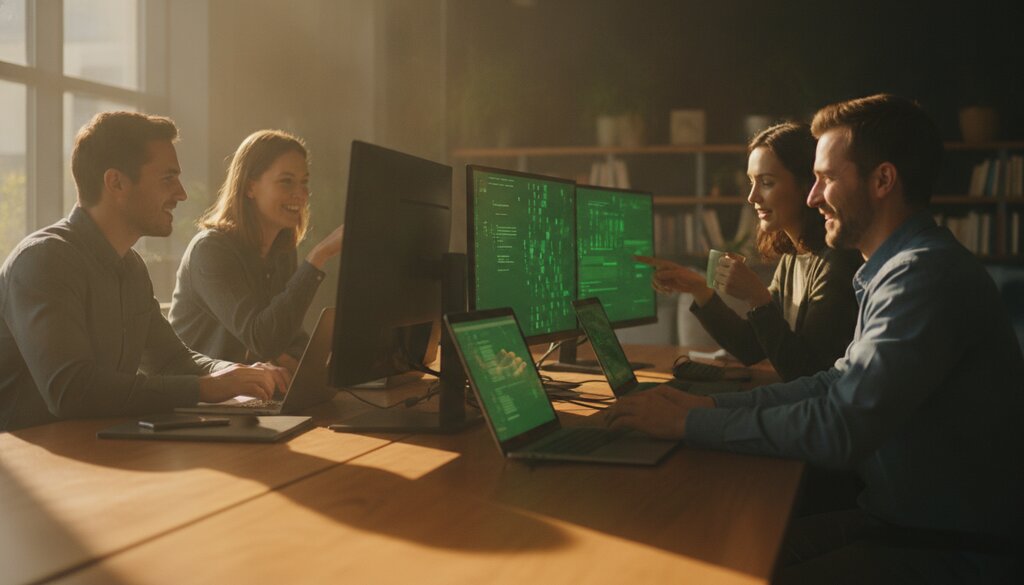 Team van softwareontwikkelaars werkt samen aan laptops en monitoren met code