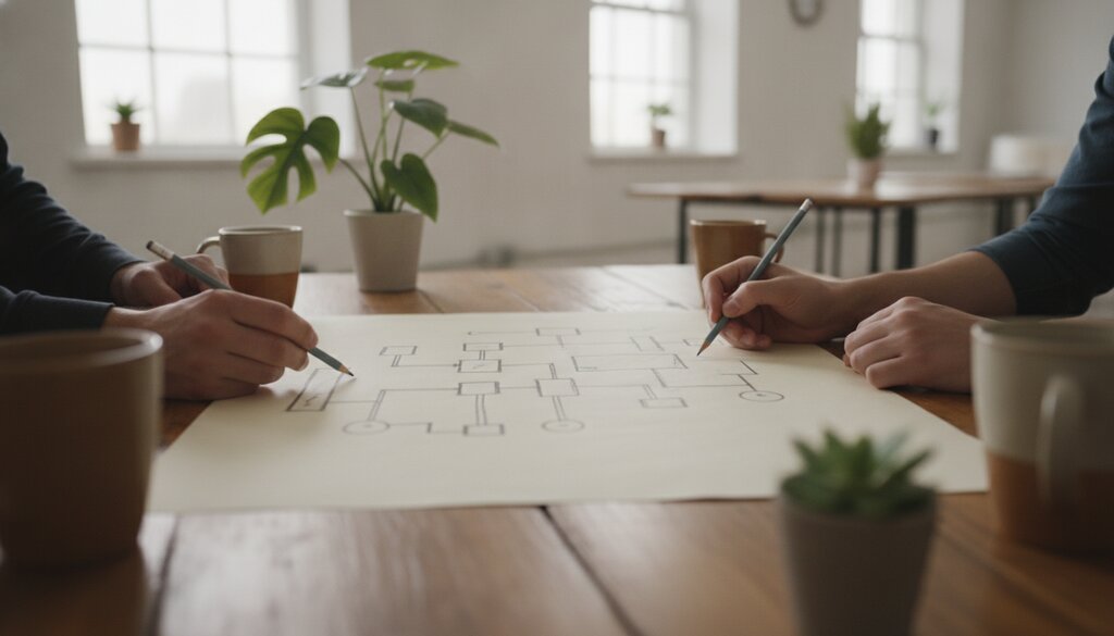 Twee ontwikkelaars schetsen samen een stroomschema op papier