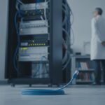Serverrack in onderzoekslab met losgekoppelde netwerkkabel op de vloer