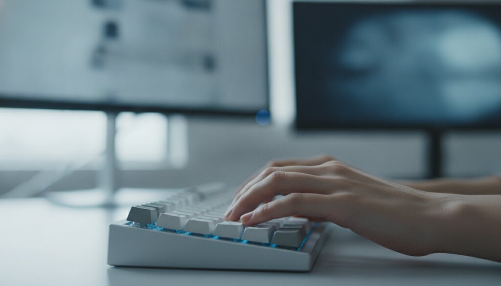 Handen typen code op een toetsenbord bij twee schermen