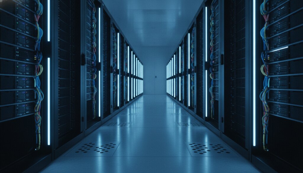 Serverhal met rijen racks en blauwe verlichting in een datacenter