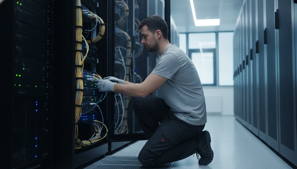 Technicus werkt aan een open serverrack in een datacentergang