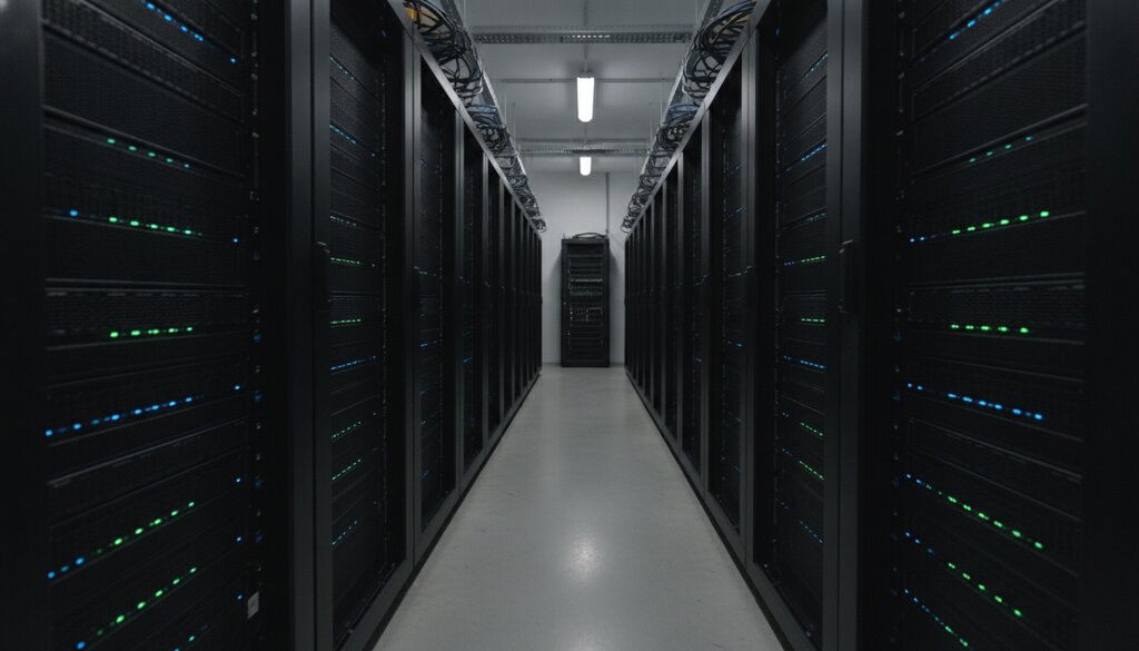 Serverhal met rijen racks waar open modellen de zware inferentie draaien