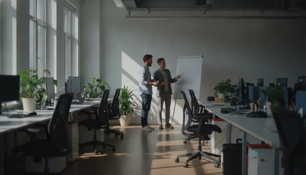 Twee collega's overleggen bij een whiteboard in een lichte kantoorruimte