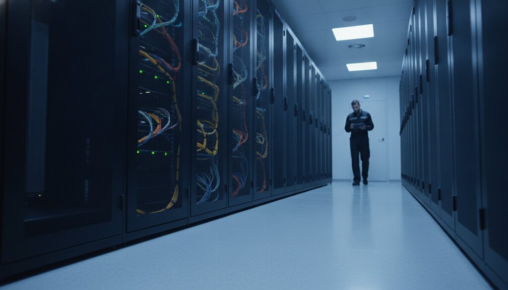 Gang tussen serverracks in een datacenter met een technicus in de verte