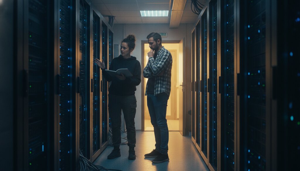 Twee ontwikkelaars overleggen bij serverracks in een datacenter