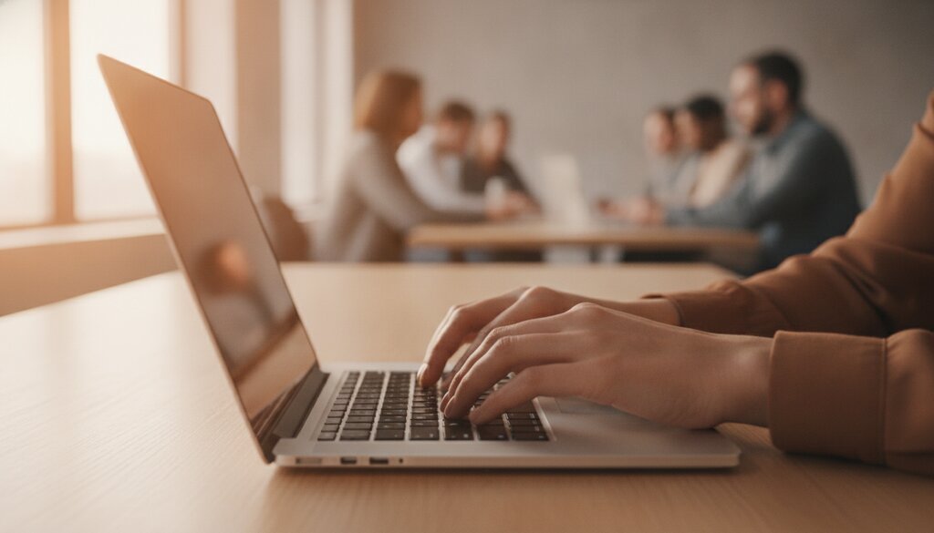 Handen typen op een laptop in een lichte gedeelde werkruimte