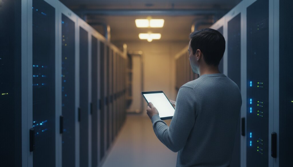 Technicus met tablet in een gangpad van een datacenter