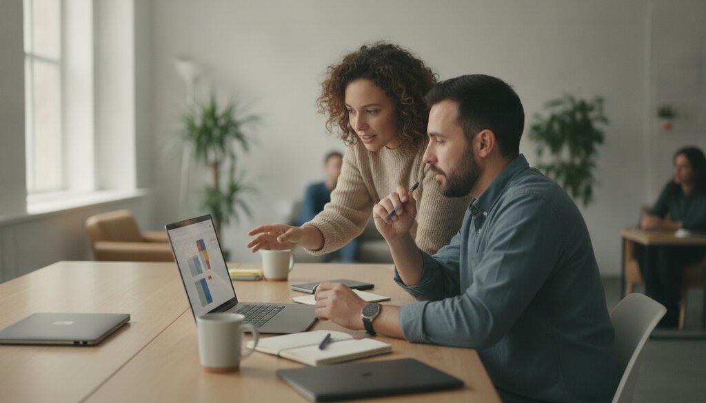 Twee softwareontwikkelaars werken samen aan laptops met open AI-modellen