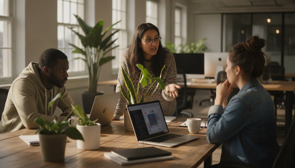 Drie ontwikkelaars overleggen met laptops aan een bureau in een licht kantoor