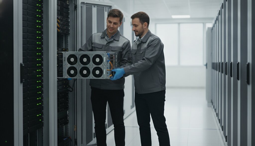 Twee technici plaatsen een nieuwe GPU-server in een datacenter