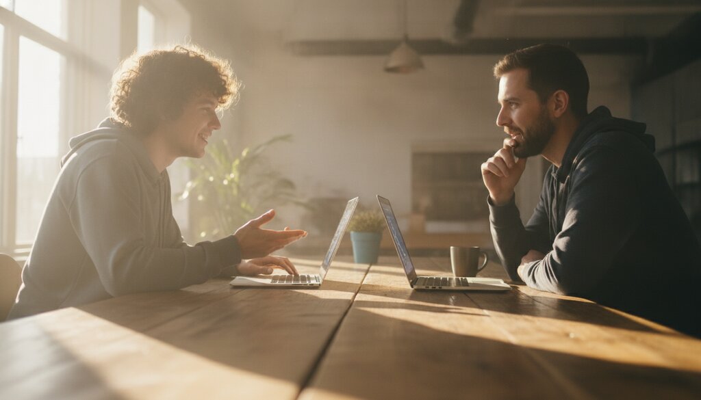Twee open-source-ontwikkelaars overleggen aan een houten tafel met laptops