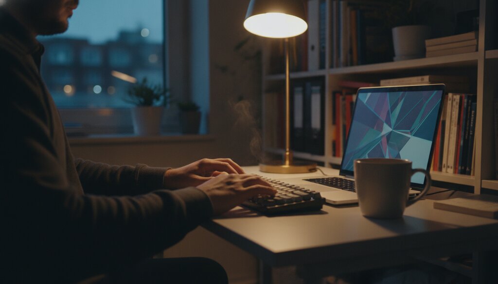 Open source-onderhouder werkt in de avond achter een laptop aan code