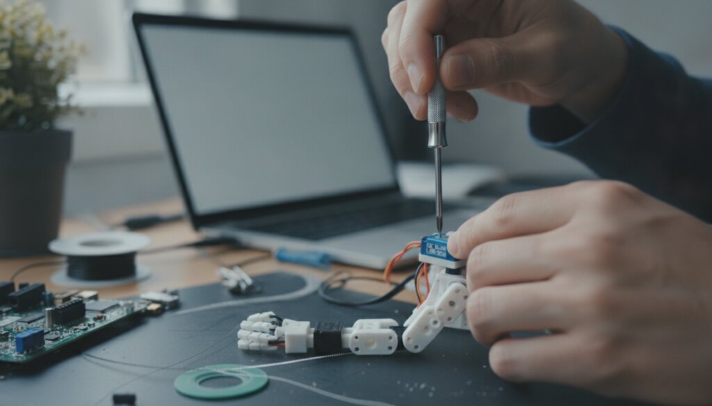 Handen stellen met een schroevendraaier een servomotor van een kleine robot af op een elektronicabureau
