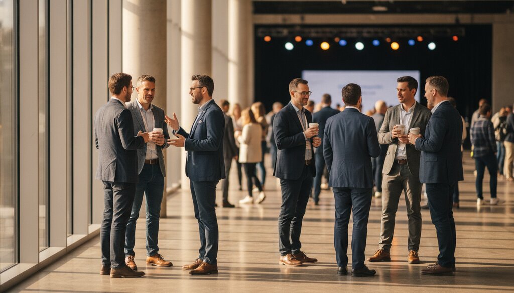 Bezoekers van een techconferentie in gesprek in de foyer