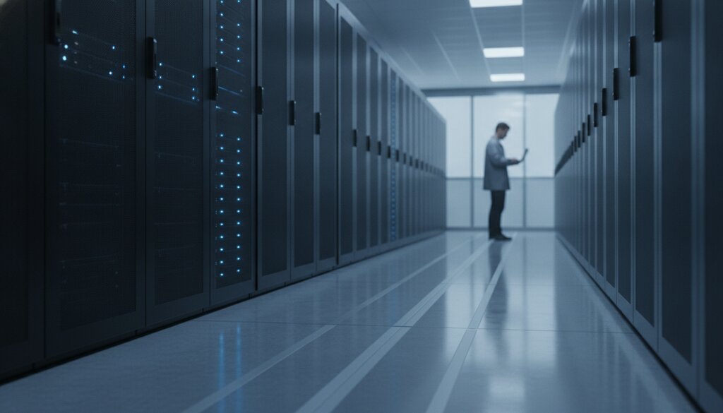 Serverrekken in een datacentergang met een technicus op de achtergrond